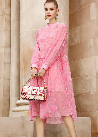 Chic Pink O-Neck Embroidered Patchwork Wrinkled Silk Velour Long Dresses Long Sleeve Ada Fashion