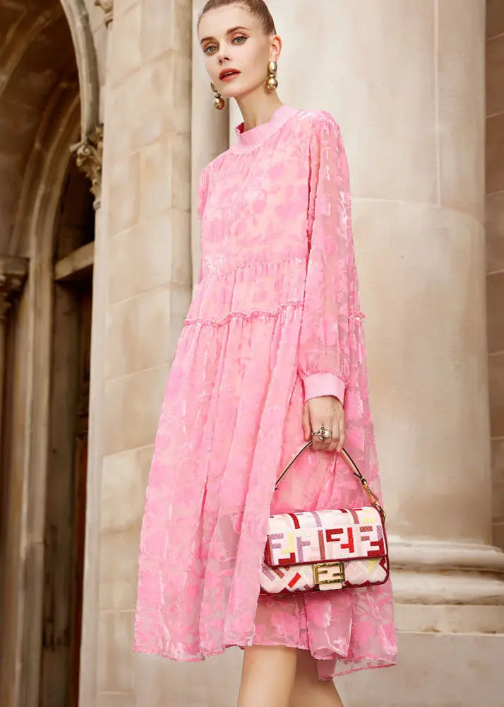 Chic Pink O-Neck Embroidered Patchwork Wrinkled Silk Velour Long Dresses Long Sleeve Ada Fashion