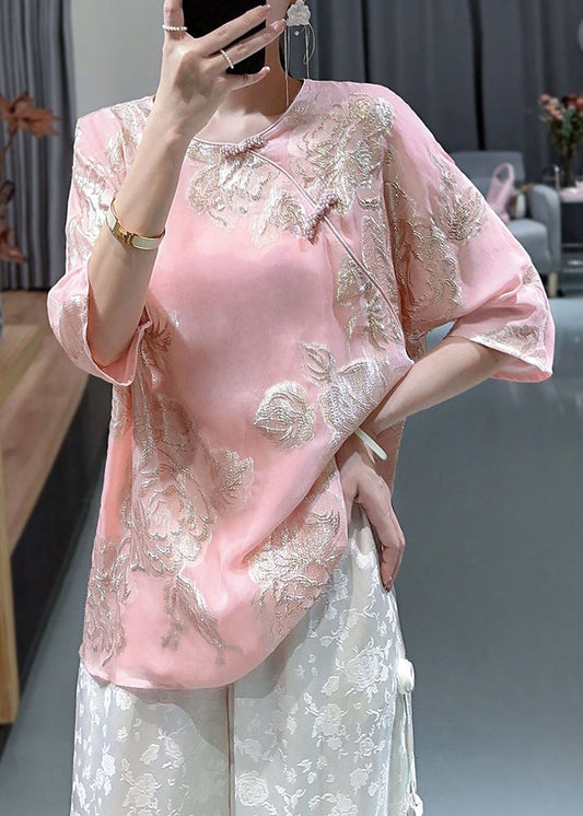 Chic Pink O-Neck Embroideried Button Silk Shirts Bracelet Sleeve Ada Fashion