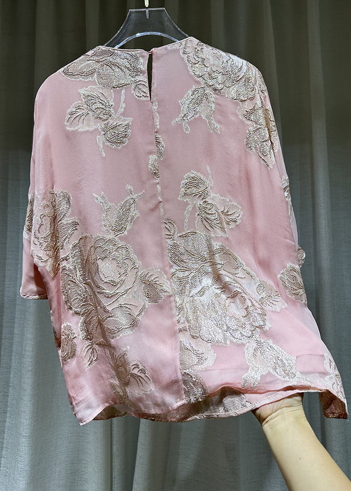 Chic Pink O-Neck Embroideried Button Silk Shirts Bracelet Sleeve Ada Fashion