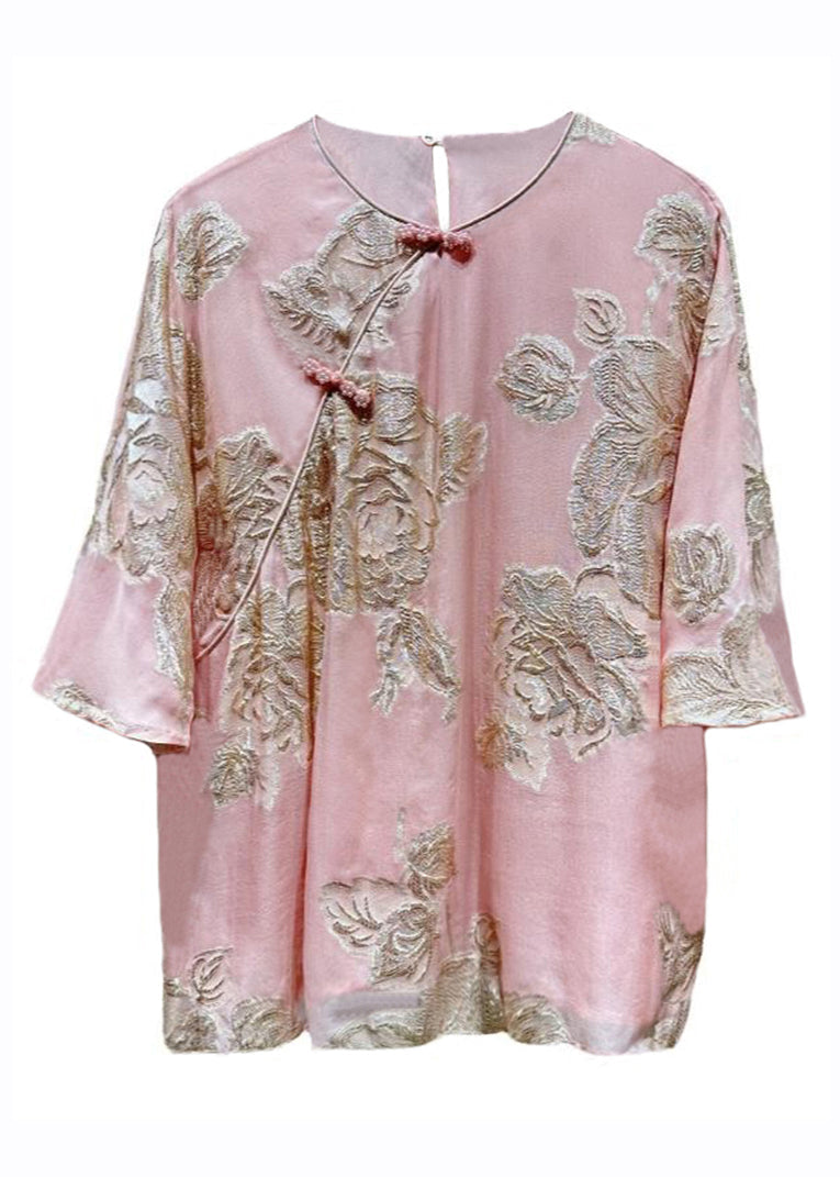 Chic Pink O-Neck Embroideried Button Silk Shirts Bracelet Sleeve Ada Fashion