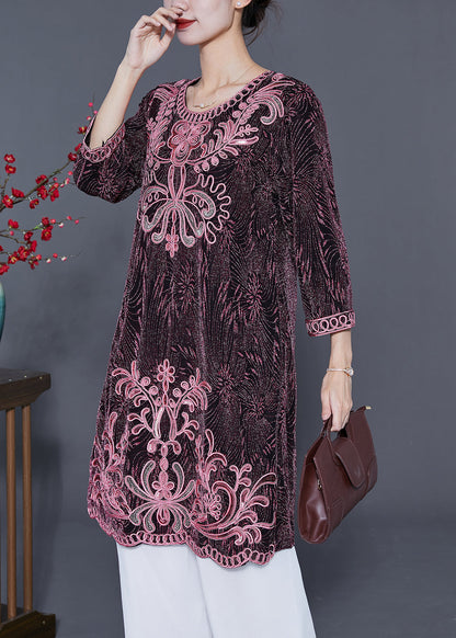 Chic Pink O-Neck Embroideried Silk Vacation Dresses Bracelet Sleeve LY5553 - fabuloryshop