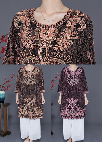 Chic Pink O-Neck Embroideried Silk Vacation Dresses Bracelet Sleeve LY5553 - fabuloryshop