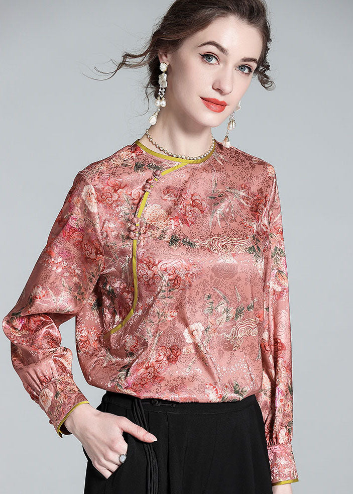 Chic Pink O Neck Jacquard Chinese Button Patchwork Silk Shirt  Spring LY0984 - fabuloryshop