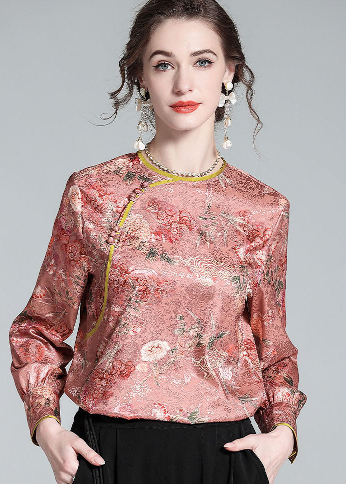 Chic Pink O Neck Jacquard Chinese Button Patchwork Silk Shirt  Spring LY0984 - fabuloryshop