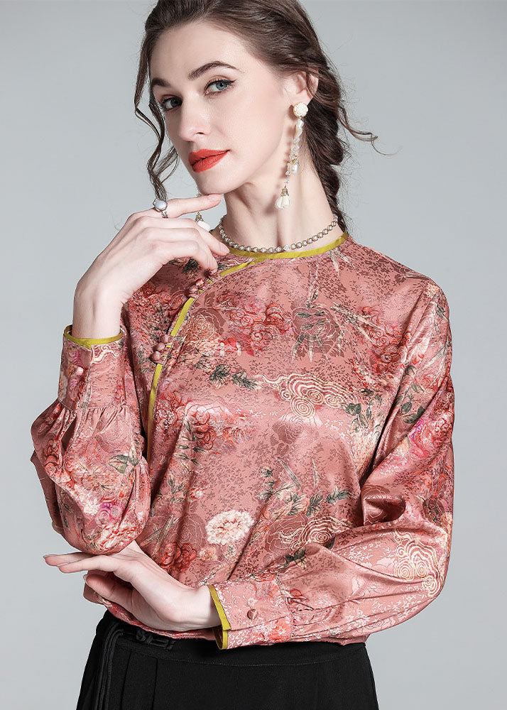 Chic Pink O Neck Jacquard Chinese Button Patchwork Silk Shirt  Spring LY0984 - fabuloryshop