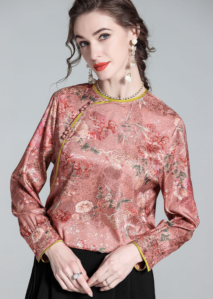 Chic Pink O Neck Jacquard Chinese Button Patchwork Silk Shirt  Spring LY0984 - fabuloryshop