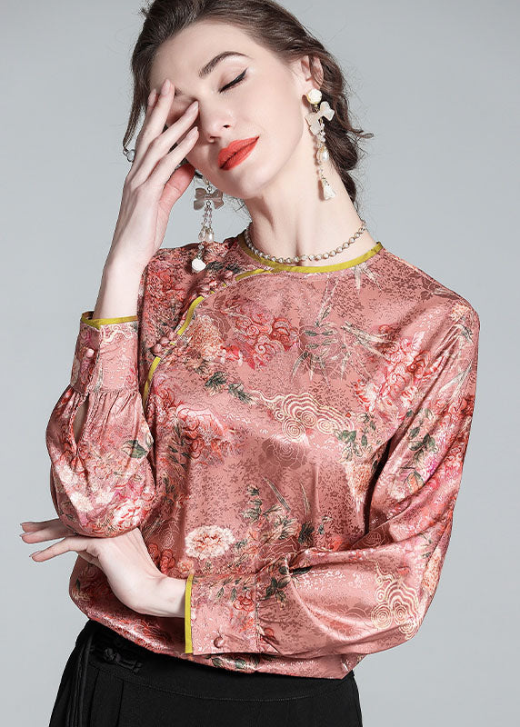 Chic Pink O Neck Jacquard Chinese Button Patchwork Silk Shirt  Spring LY0984 - fabuloryshop