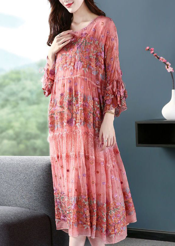 Chic Pink O-Neck Oversized Embroideried Silk Dresses Flare Sleeve LY0683