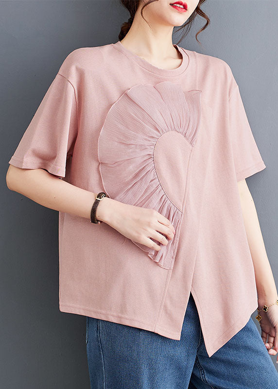 Chic Pink O Neck Wrinkled Patchwork Cotton T Shirt Top Summer LY5680 - fabuloryshop