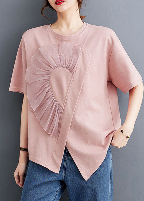 Chic Pink O Neck Wrinkled Patchwork Cotton T Shirt Top Summer LY5680 - fabuloryshop