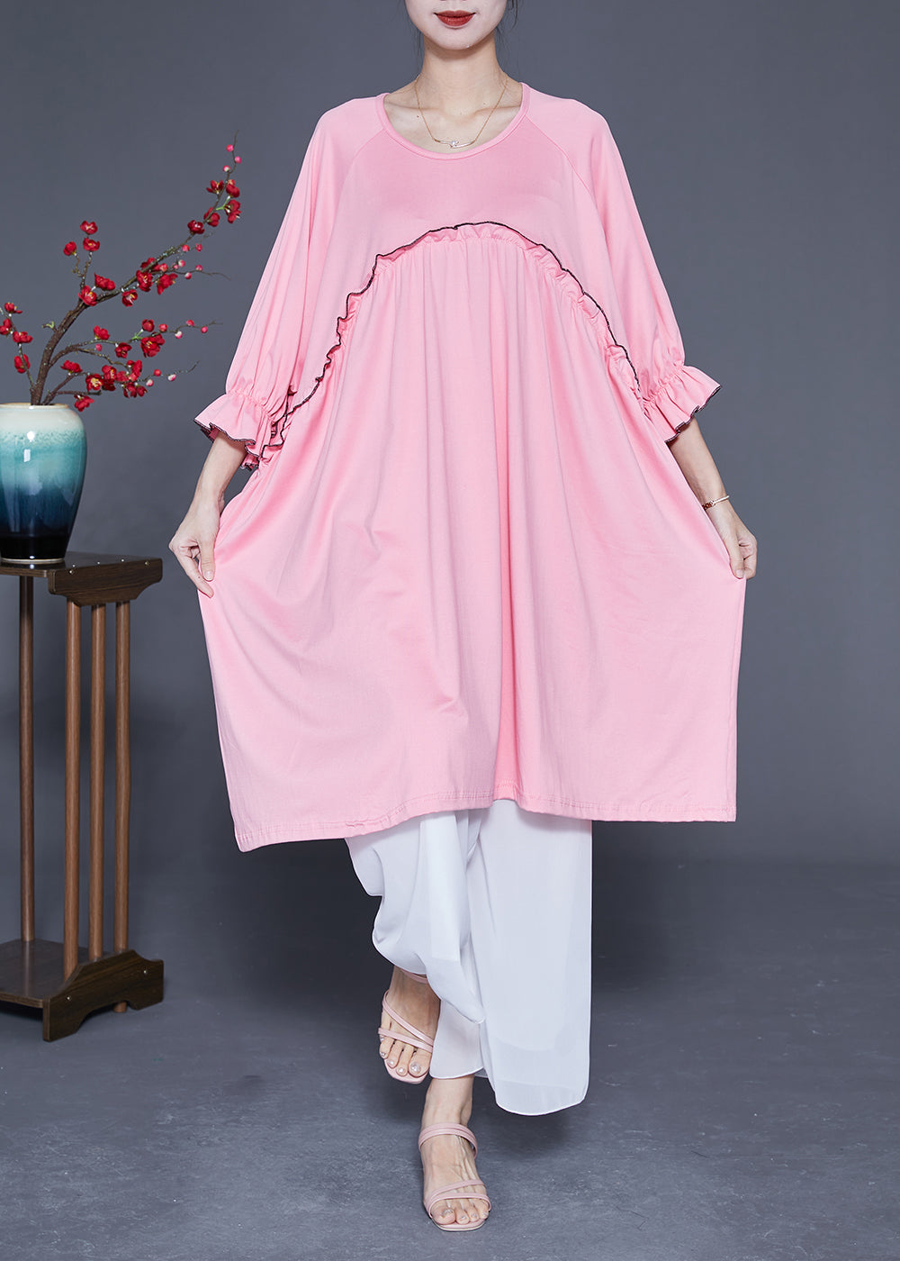 Chic Pink Ruffled Patchwork Cotton A Line Dress Summer LY2888 - fabuloryshop