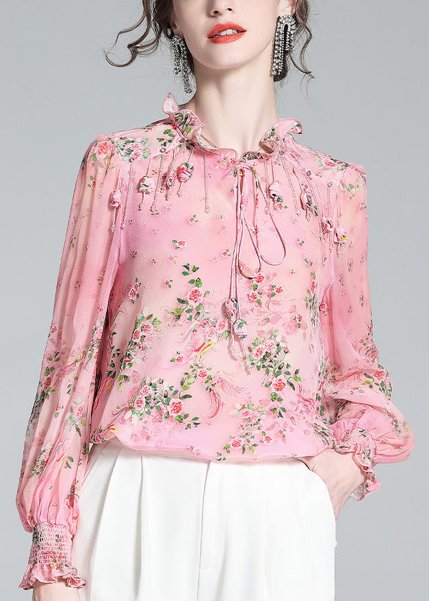 Chic Pink Ruffled Print Tassel Neck TIie Silk Shirt Long Sleeve LY0722 - fabuloryshop