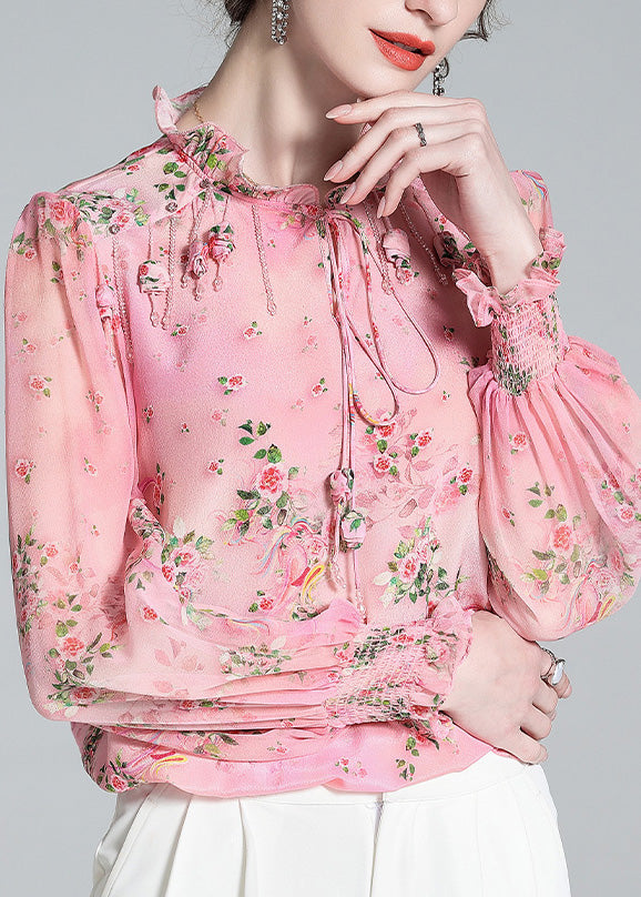 Chic Pink Ruffled Print Tassel Neck TIie Silk Shirt Long Sleeve LY0722