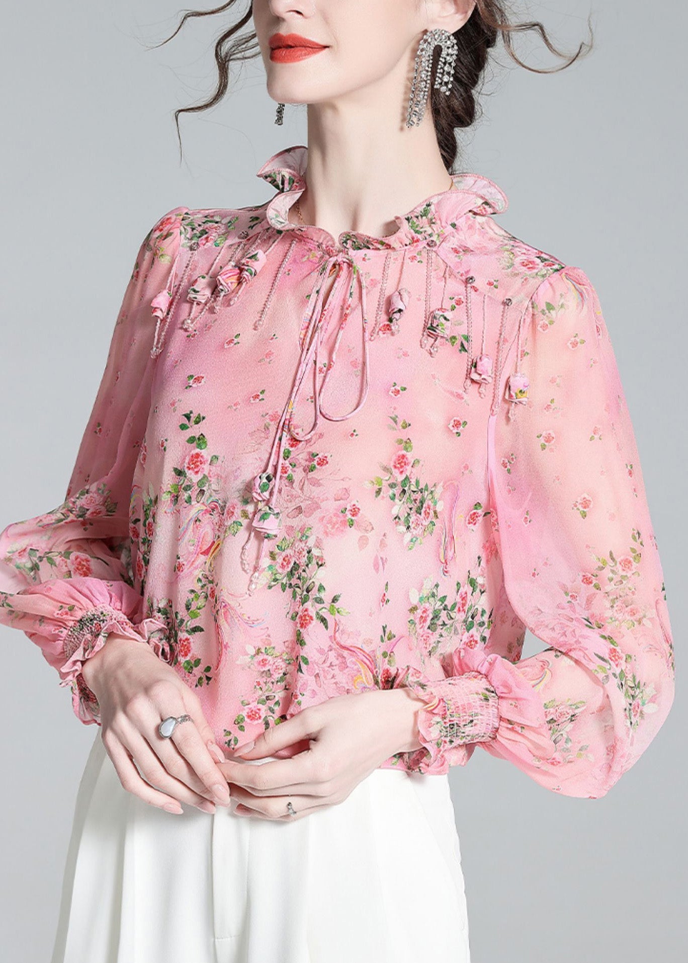 Chic Pink Ruffled Print Tassel Neck TIie Silk Shirt Long Sleeve LY0722 - fabuloryshop