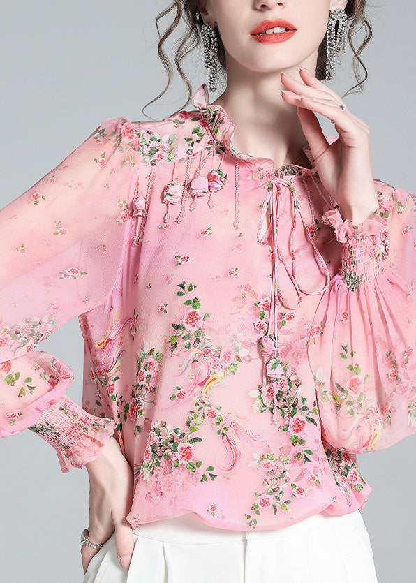 Chic Pink Ruffled Print Tassel Neck TIie Silk Shirt Long Sleeve LY0722 - fabuloryshop