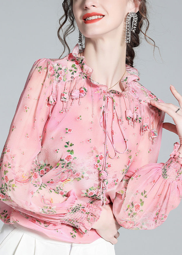 Chic Pink Ruffled Print Tassel Neck TIie Silk Shirt Long Sleeve LY0722 - fabuloryshop