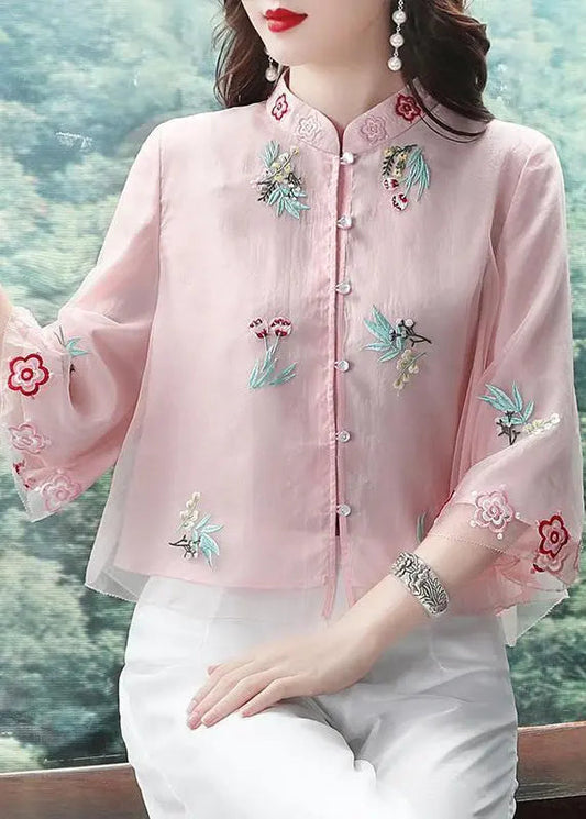 Chic Pink Stand Collar Embroideried Patchwork Chiffon Tops Summer Ada Fashion