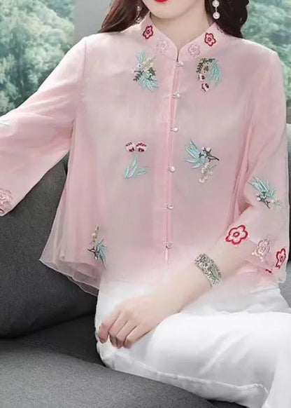 Chic Pink Stand Collar Embroideried Patchwork Chiffon Tops Summer Ada Fashion