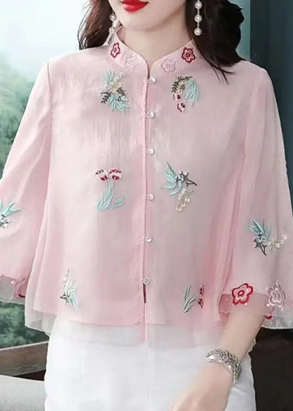 Chic Pink Stand Collar Embroideried Patchwork Chiffon Tops Summer Ada Fashion