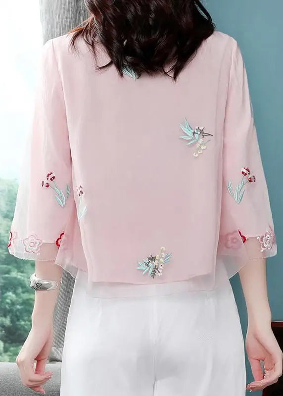 Chic Pink Stand Collar Embroideried Patchwork Chiffon Tops Summer Ada Fashion