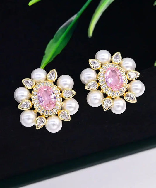 Chic Pink Sterling Silver Crystal Pearl Zircon Stud Earrings Ada Fashion