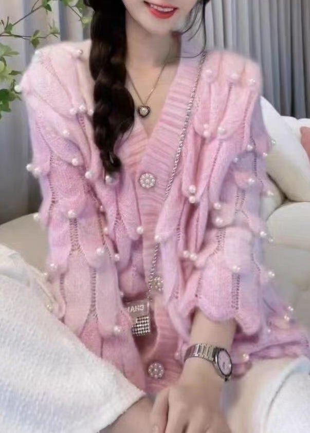 Chic Pink Tie Dye V Neck Nail Bead Patchwork Knit Cardigan Fall Ada Fashion