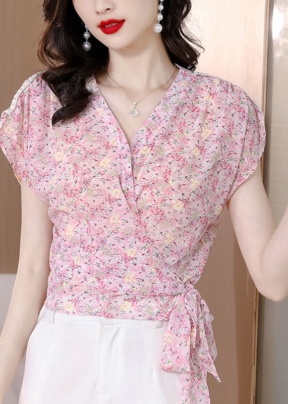 Chic Pink V Neck Print Patchwork Chiffon Top Summer LY0463 - fabuloryshop