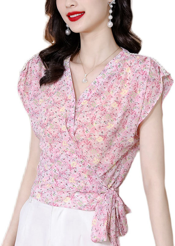 Chic Pink V Neck Print Patchwork Chiffon Top Summer LY0463 - fabuloryshop