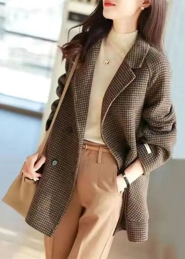 Chic Plaid Notched Pockets Wooled Blend Coats Long Sleeve Ada Fashion