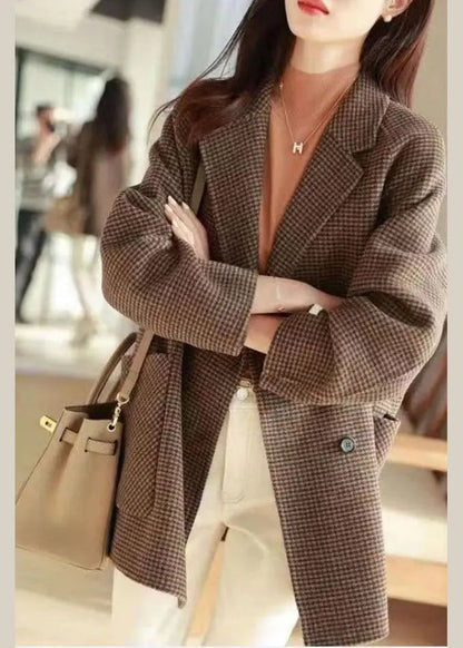 Chic Plaid Notched Pockets Wooled Blend Coats Long Sleeve Ada Fashion