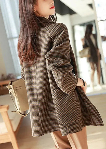 Chic Plaid Notched Pockets Wooled Blend Coats Long Sleeve Ada Fashion