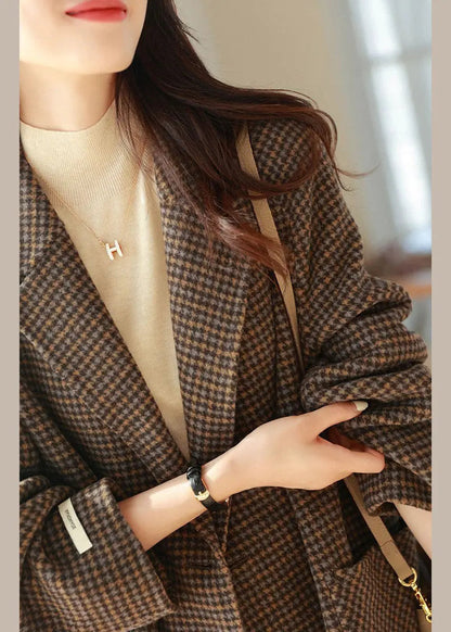 Chic Plaid Notched Pockets Wooled Blend Coats Long Sleeve Ada Fashion