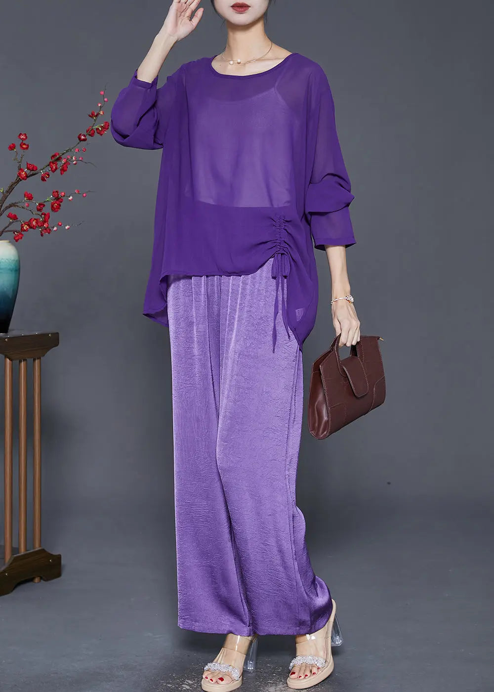 Chic Purple Asymmetrical Cinched Chiffon Two Pieces Set Fall Ada Fashion