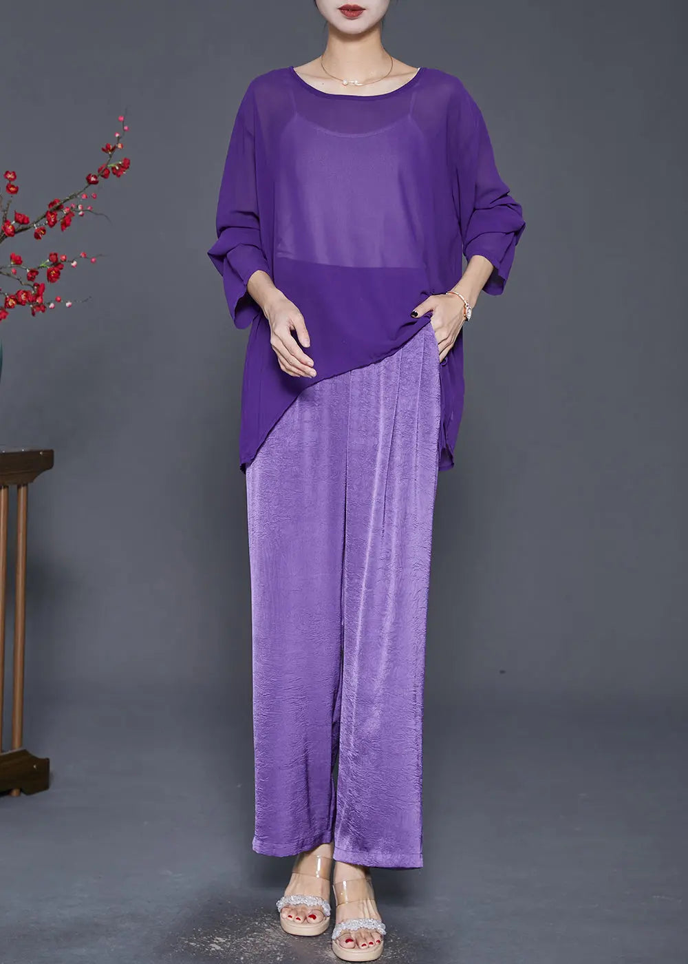 Chic Purple Asymmetrical Cinched Chiffon Two Pieces Set Fall Ada Fashion