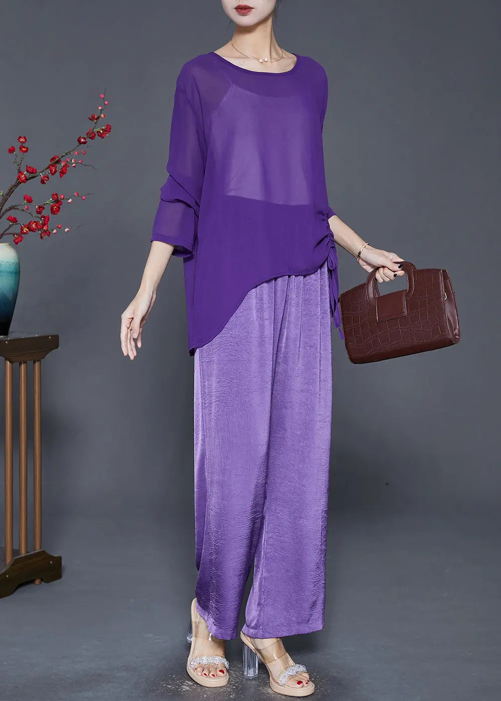 Chic Purple Asymmetrical Cinched Chiffon Two Pieces Set Fall Ada Fashion