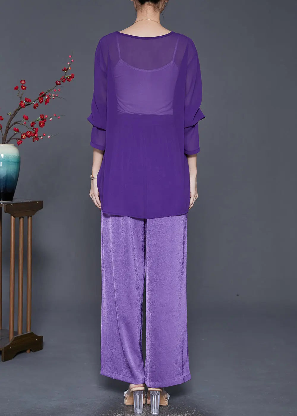 Chic Purple Asymmetrical Cinched Chiffon Two Pieces Set Fall Ada Fashion