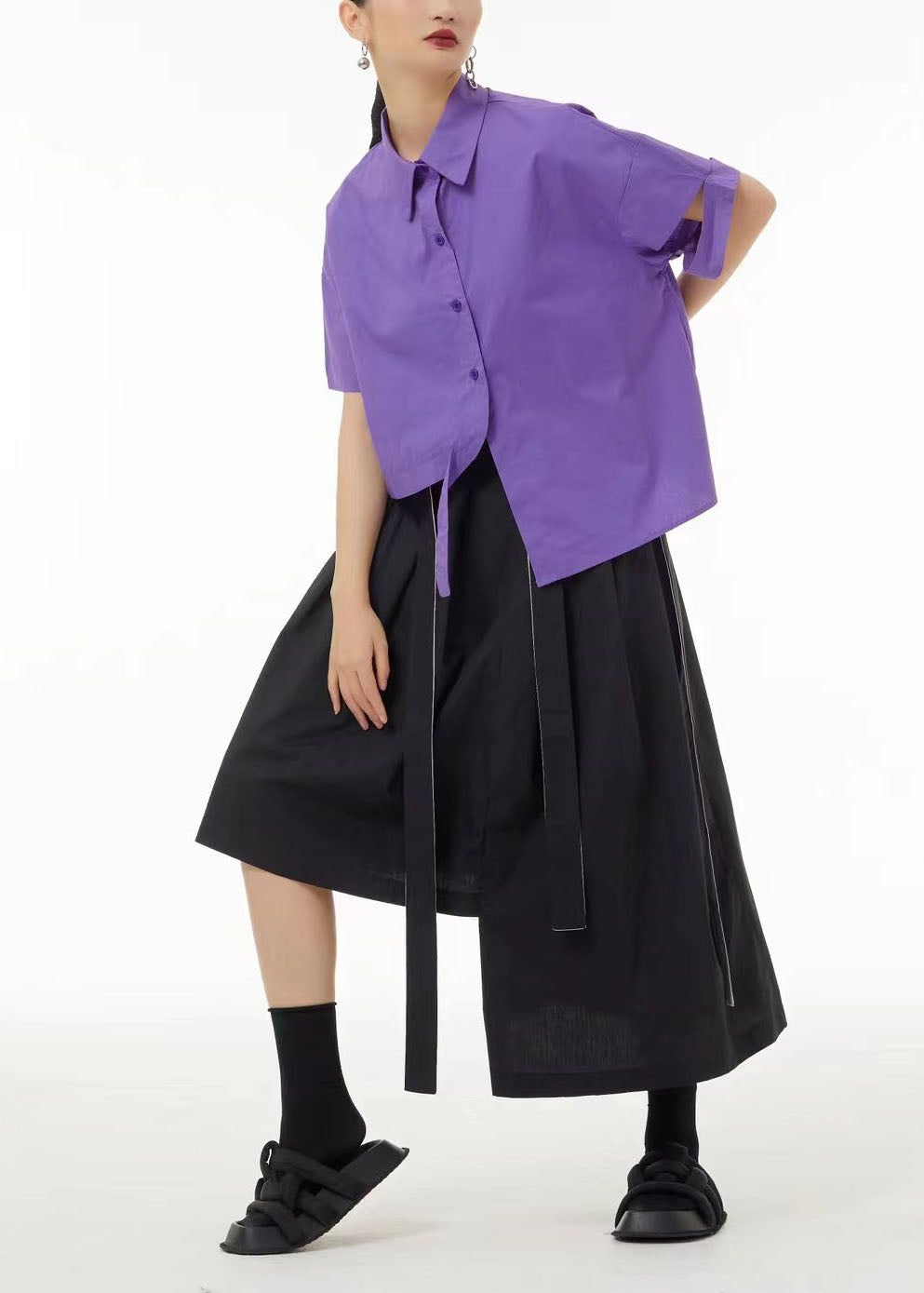 Chic Purple Asymmetrical Design Cotton Blouse Top Summer LC0153
