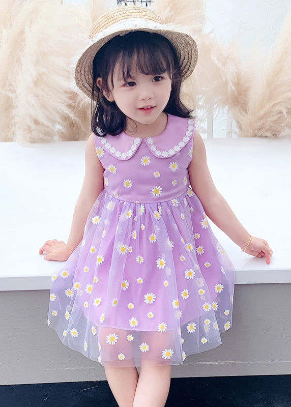 Chic Purple Floral Wrinkled Tulle Kids Party Long Dress Sleeveless LY6441 - fabuloryshop