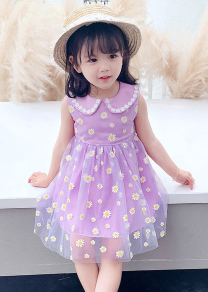 Chic Purple Floral Wrinkled Tulle Kids Party Long Dress Sleeveless LY6441 - fabuloryshop