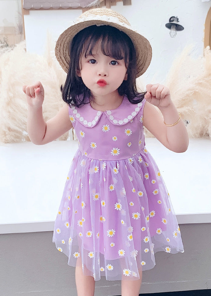 Chic Purple Floral Wrinkled Tulle Kids Party Long Dress Sleeveless LY6441 - fabuloryshop