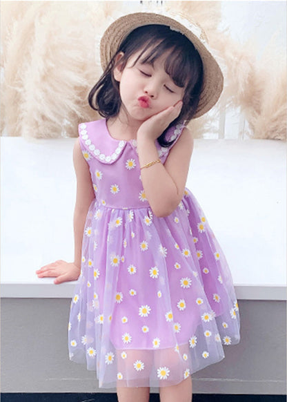 Chic Purple Floral Wrinkled Tulle Kids Party Long Dress Sleeveless LY6441 - fabuloryshop