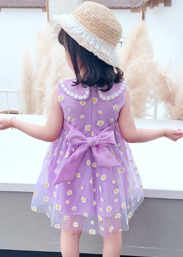 Chic Purple Floral Wrinkled Tulle Kids Party Long Dress Sleeveless LY6441 - fabuloryshop