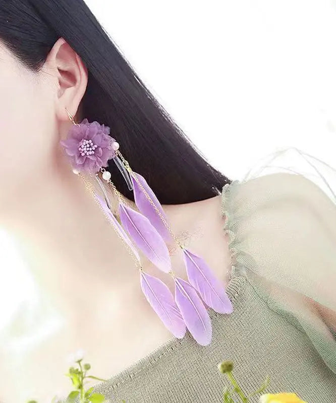 Chic Purple Hand Woven Feather Tassel Drop Earrings Ada Fashion