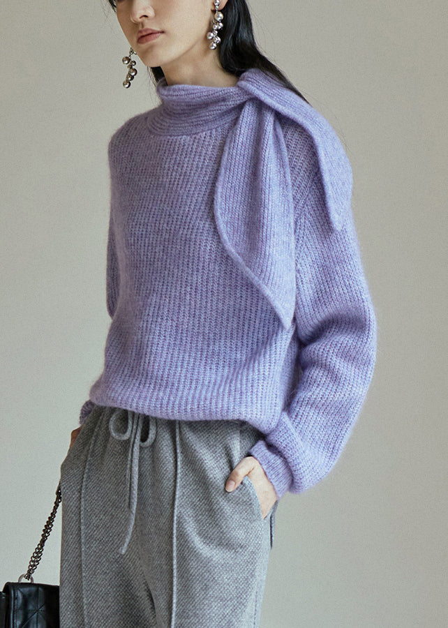 Purple Lace Up Patchwork Knit Sweaters