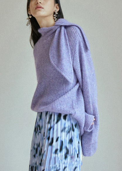 Purple Lace Up Patchwork Knit Sweaters