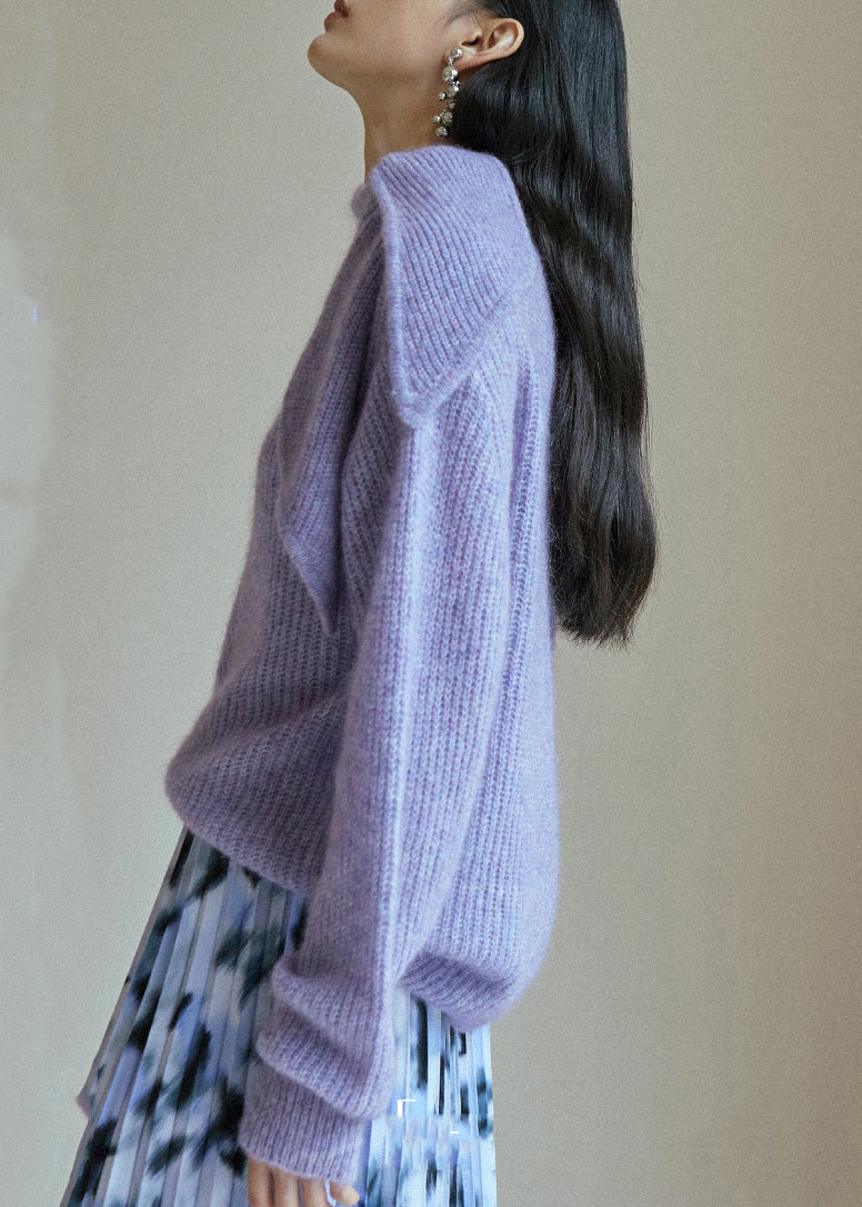 Purple Lace Up Patchwork Knit Sweaters