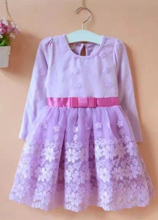 Chic Purple O-Neck Embroideried Floral Patchwork Tie Waist Tulle Kids Mid Dress Long Sleeve Ada Fashion