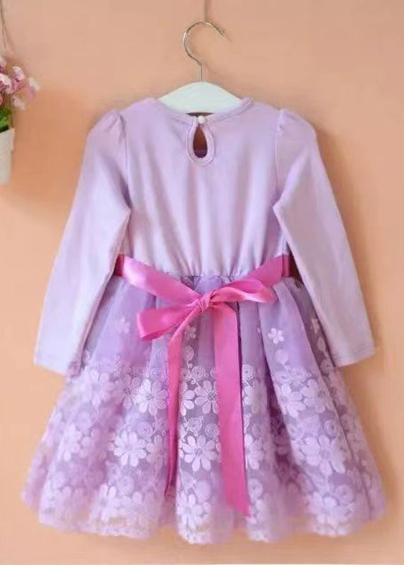 Chic Purple O-Neck Embroideried Floral Patchwork Tie Waist Tulle Kids Mid Dress Long Sleeve Ada Fashion