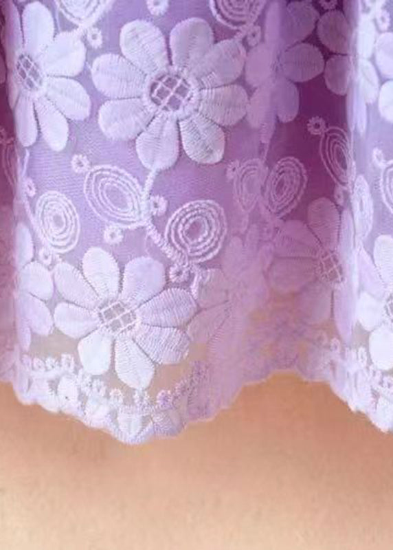 Chic Purple O-Neck Embroideried Floral Patchwork Tie Waist Tulle Kids Mid Dress Long Sleeve Ada Fashion